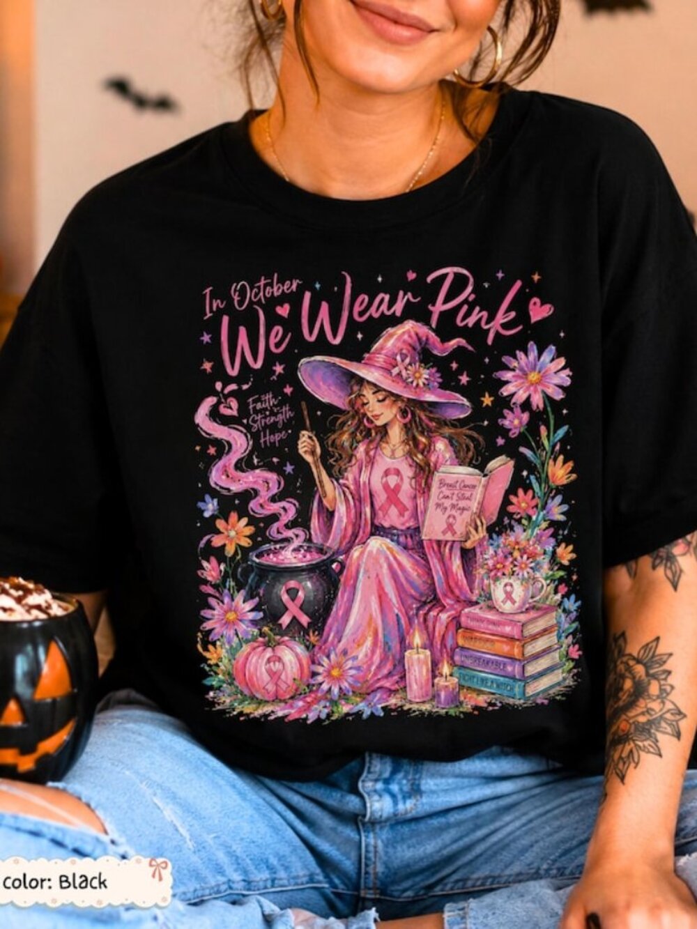 In October We Wear Pink Shirt Breast Cancer Awareness Witch Tee